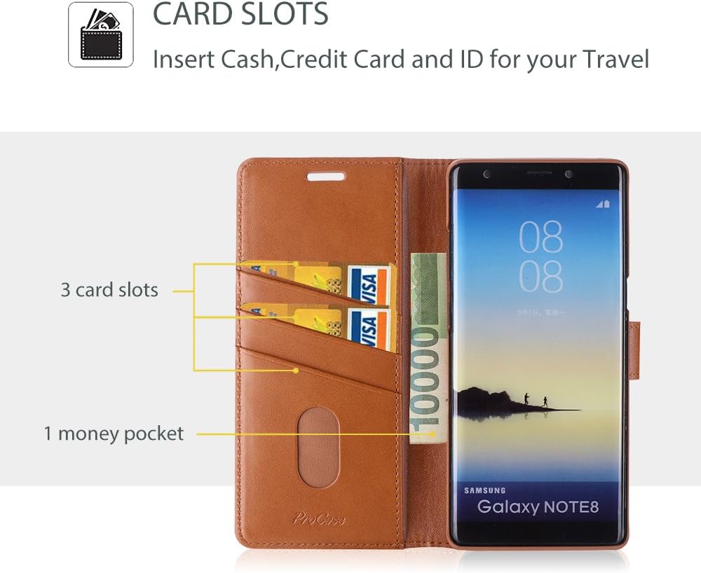 ProCase Galaxy Note 8 Case, Folio Folding Wallet Case with Flip Cover and Stand, Credit Card Slots and Kickstand Protective Case for Galaxy Note 8 2017 -Brown