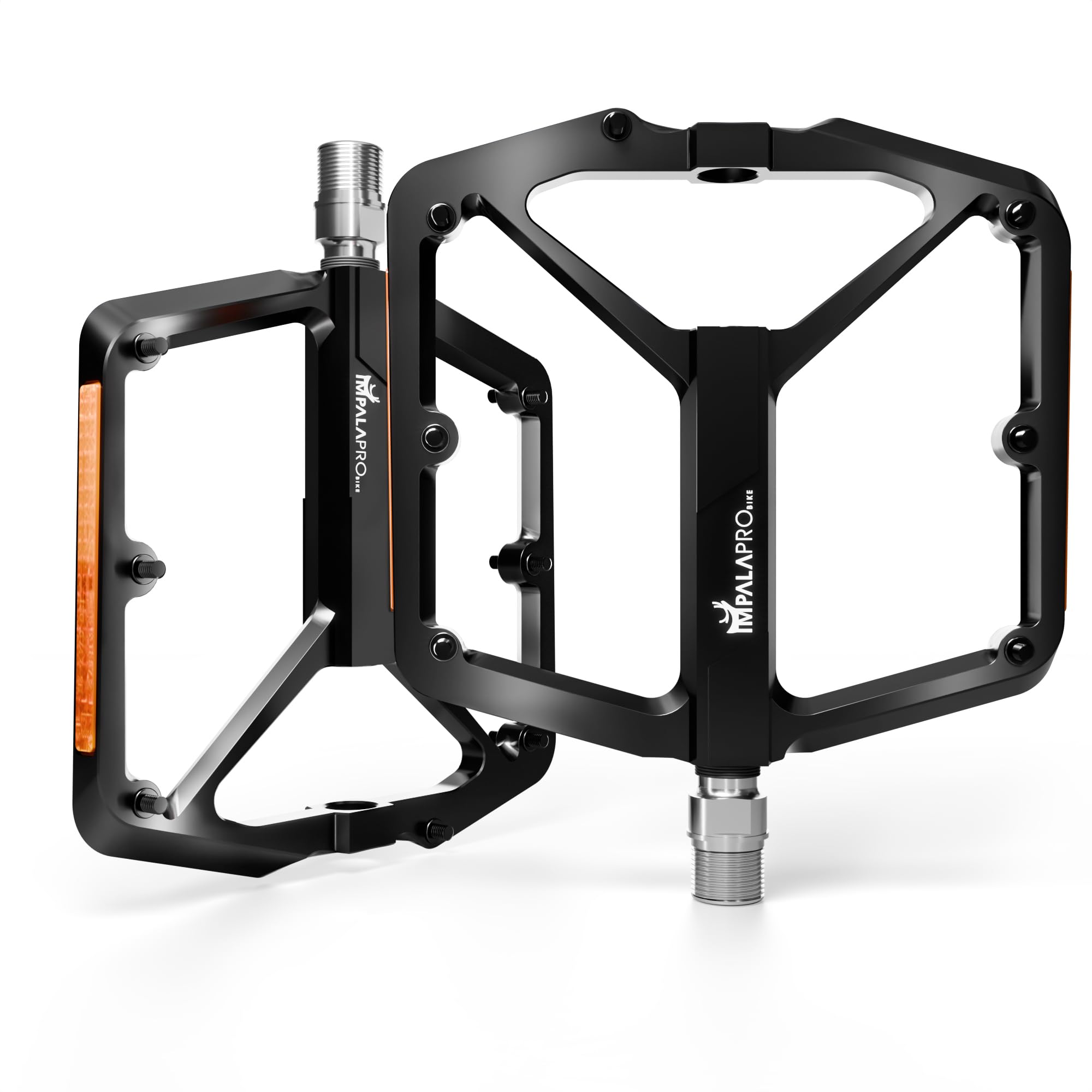 IMPALAPRO – CNC-Aluminium Fahrradpedale 9/16″ mit extra breiter Plattform, abnehmbaren Anti-Rutsch Pins & Reflektoren – ultraleichte MTB Pedale 355 g (Schwarz)