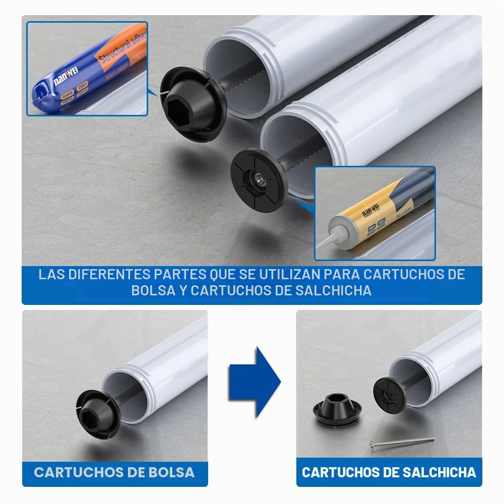 Prensa de cartuchos eléctrica de 500 W con 2 baterías (21 V 2 Ah), jeringa de silicona, pistola de calafateo 7840N con LED, 0-32 mm/s, 6 niveles ajustables, para salchichas de 600 ml, cartucho de 310