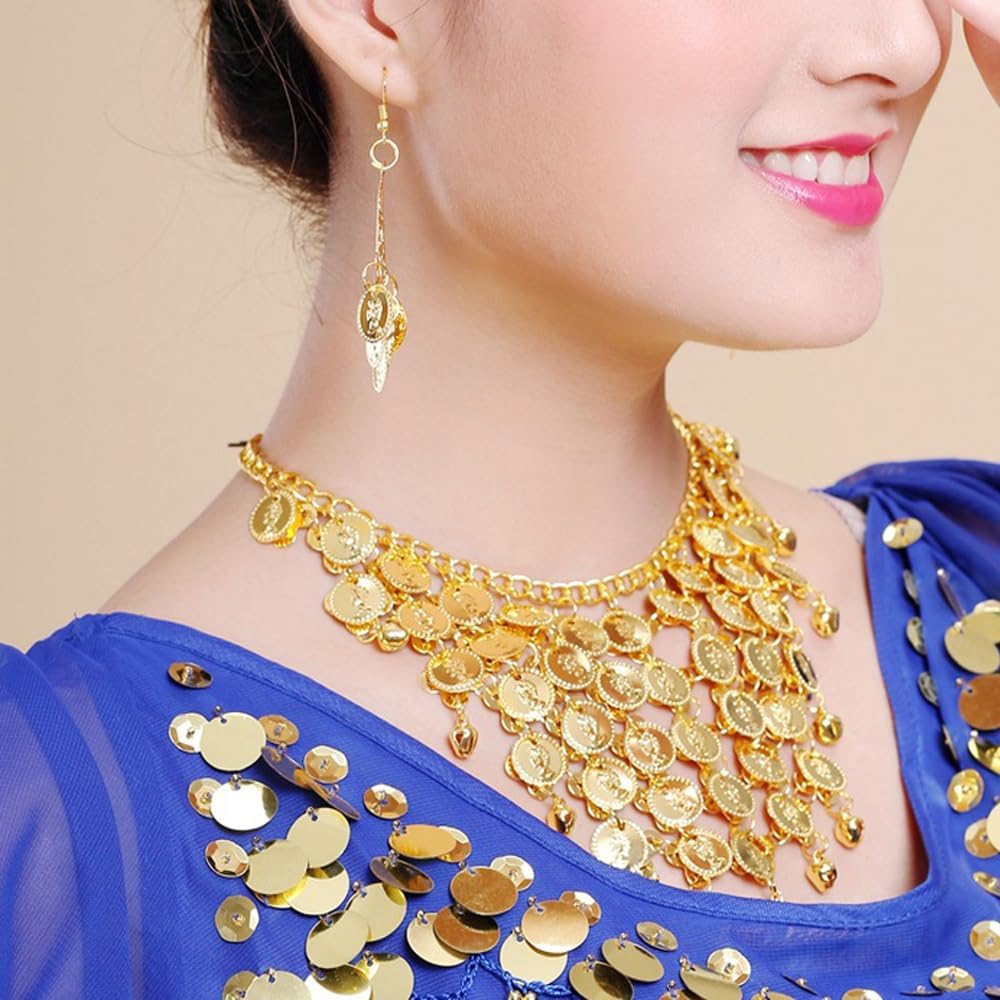 3 pcs Belly Dance Hip Scarf for Women Belly Dance Gold Sequins Head Chain Coins Necklace Earrings Classic Dance Accessories - Image 7