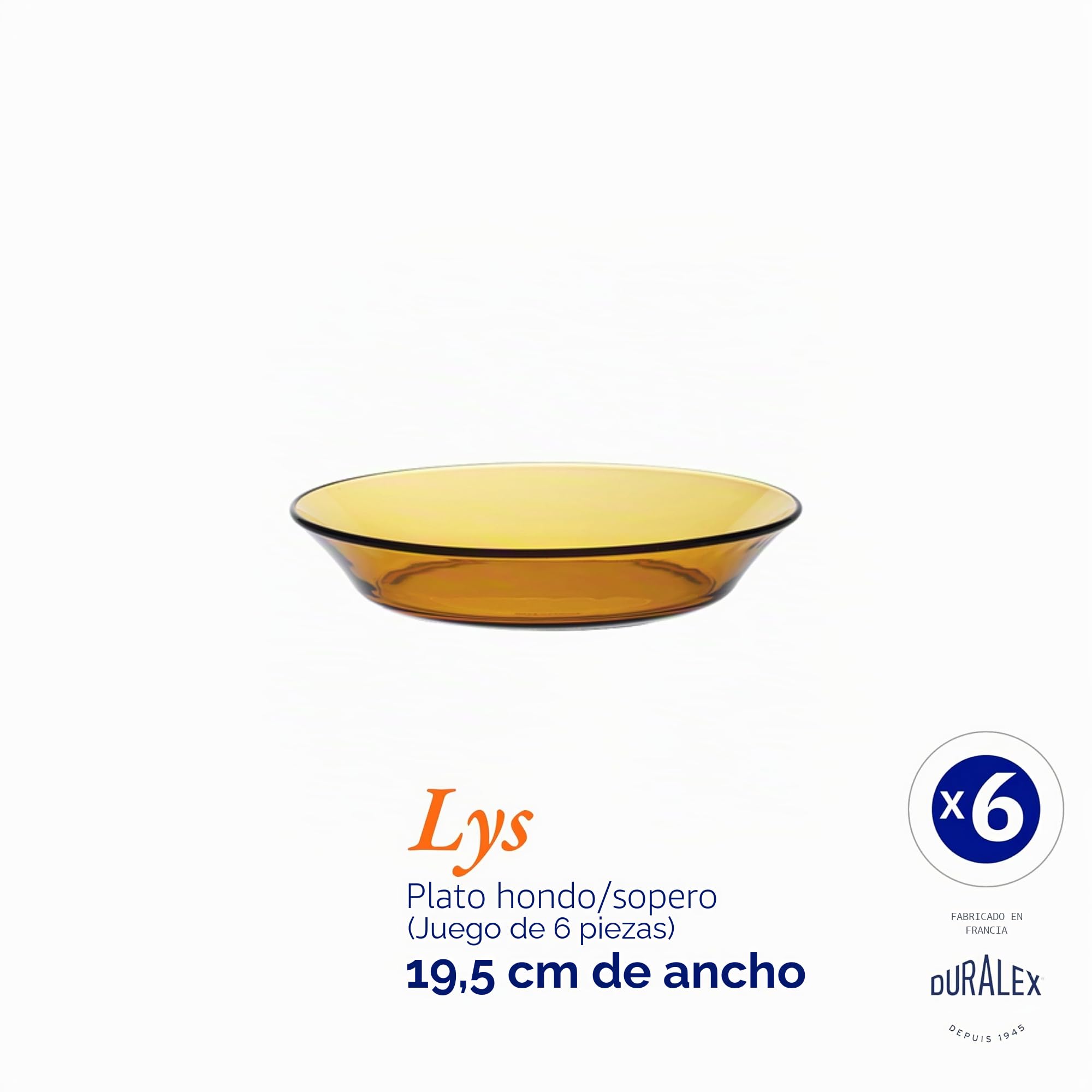 Duralex - Plato de Vidrio Hondo Lys Ambar, 19,5 cm, 6 unidades
