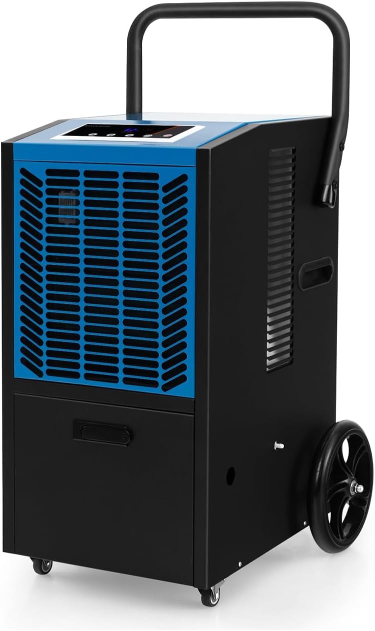 GOPLUS Deshumidificador Industrial 66L 418m2, Industrial con Temporizador 24H, Bomba, Manguera, Deshumidificador Portátil con 4 Ruedas para Sótano, Almacén, Restauración de Daños por Agua (Azul)