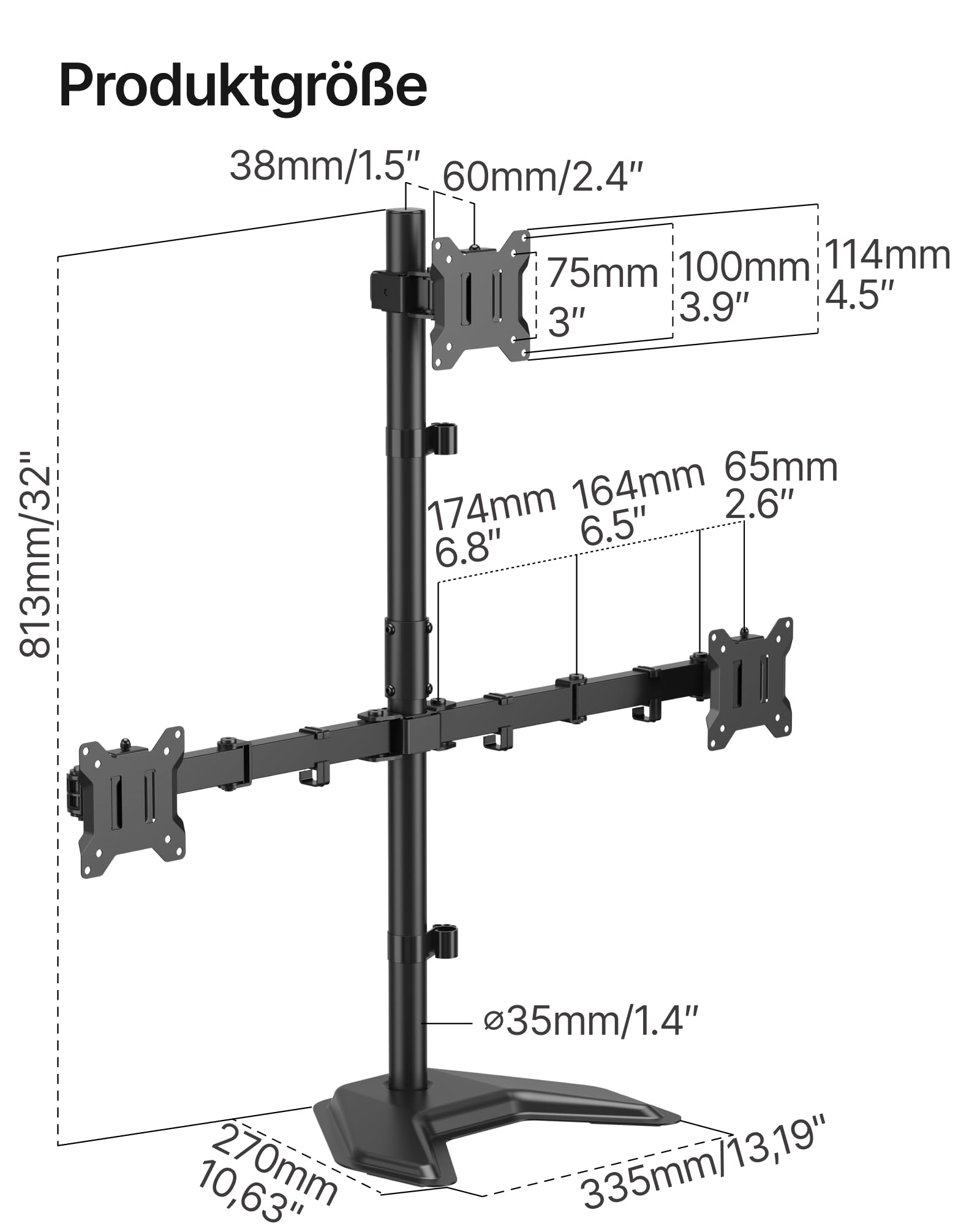 monTEK Soporte de monitor triple estable, soporte de escritorio totalmente ajustable para 3 pantallas de hasta 17 a 32 pulgadas cada una con capacidad de carga de 22 libras por brazo, base estable