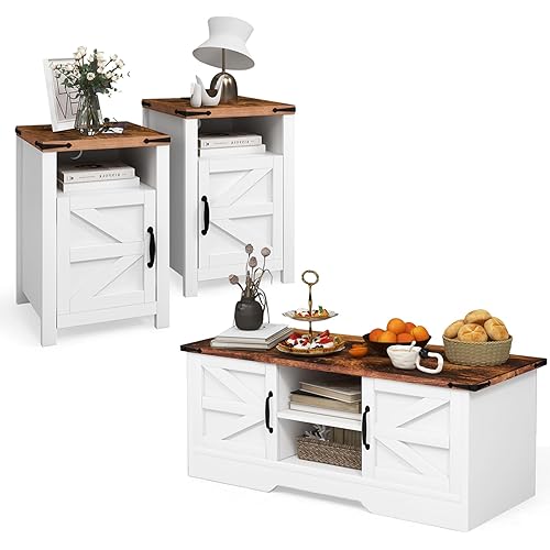 oneinmil Furniture 3-Piece Set, Including 2 End Tables and 39-Inch Coffee Table, Bedroom and Living Room Retro Dining Table,White