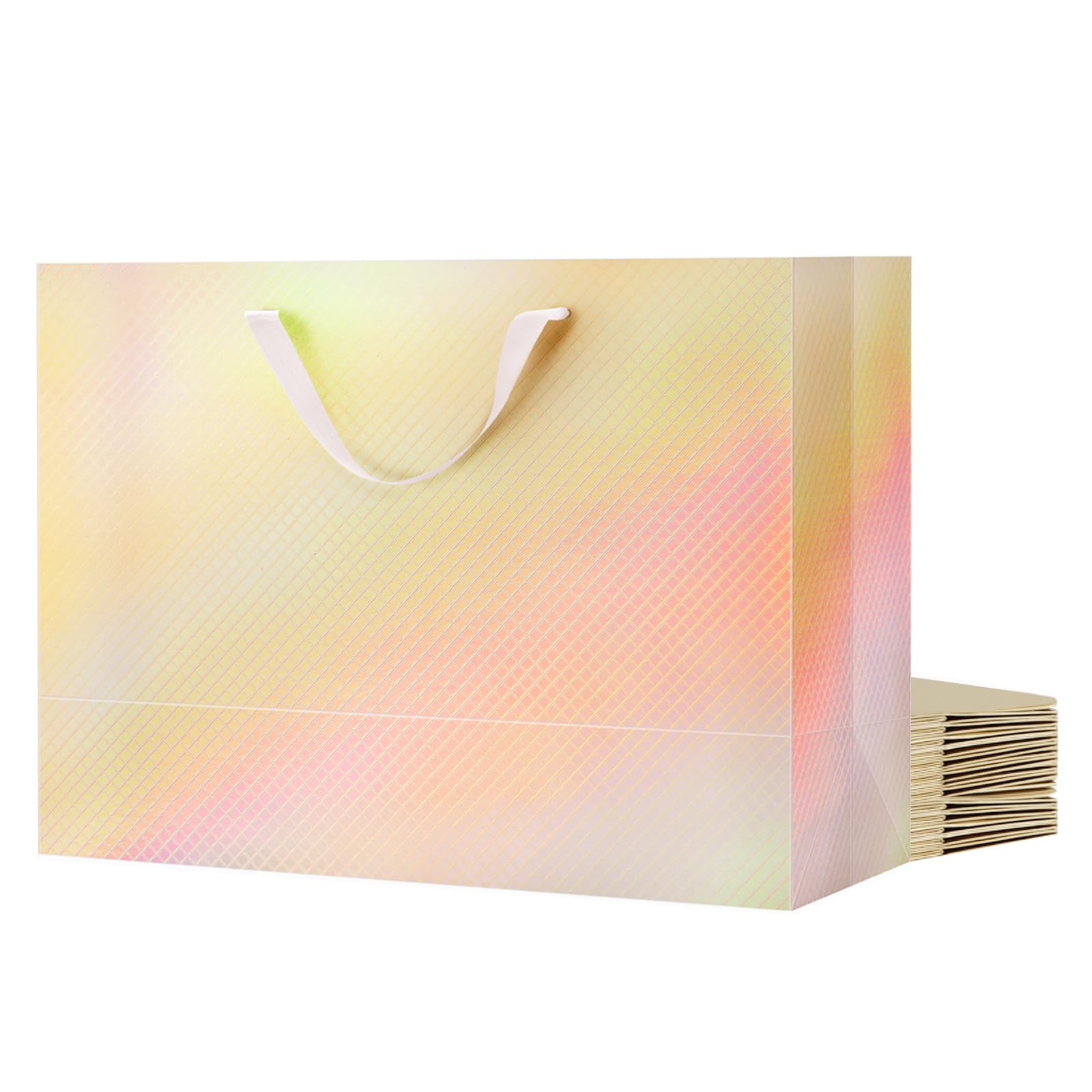 MALICPLUS 12 bardzo dużych torebek prezentowych, 40 x 15 cm, luksusowe, holograficzne, złote, duże torby na prezenty z uchwytami na każdą okazję (wykończenie z fakturą kratki
