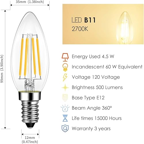 Miniatura 4 de LVWIT Bombilla de filamento LED Edison B11 regulable equivalente a 60 W, base de candelabro E12 de 2700 K, luz blanca cálida para vela,