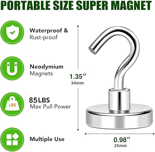 Miniatura 37 de MIKEDE Ganchos magnéticos N52 para cabinas de cruceros, ganchos magnéticos de alta potencia de 30 libras, resistentes, imanes fuertes con ganchos