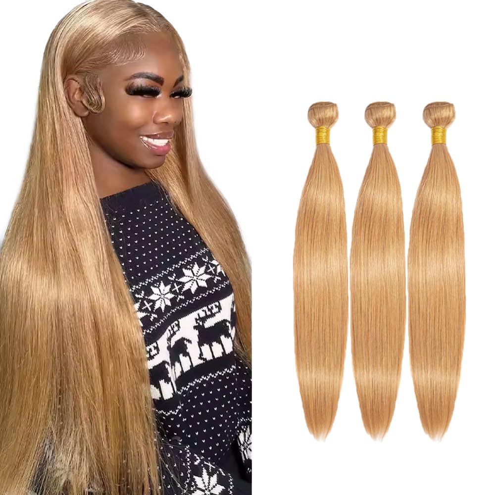 Jucames #27 Honey Blonde Straight Bundles Human Hair 28 30 32 Inch Double Weft Weave 3 Bundles Total 150g Virgin Unprocessed Human Hair Extensions