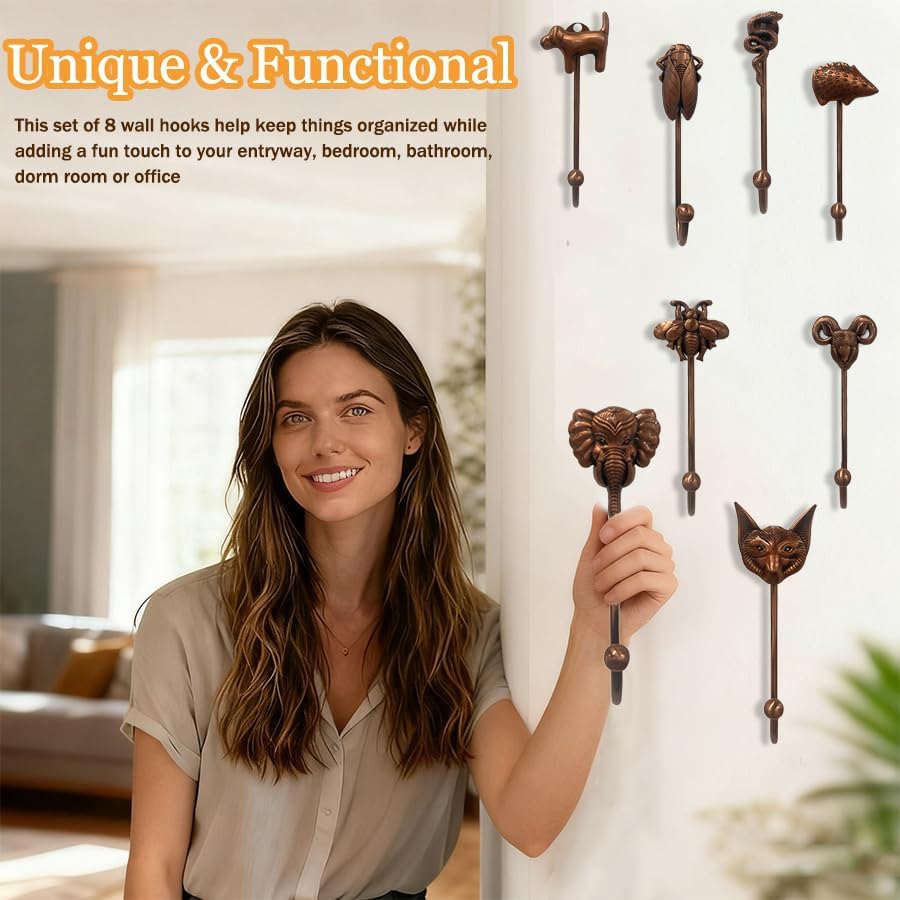 8pcs Animal Head Wall Hooks for Hanging Creative Animal Wall Mounted Hanger Hook for Coats Towels Keys Hats, Rustic Decorative Gift, Easy Installation Versatile and Durable (Ancient red)