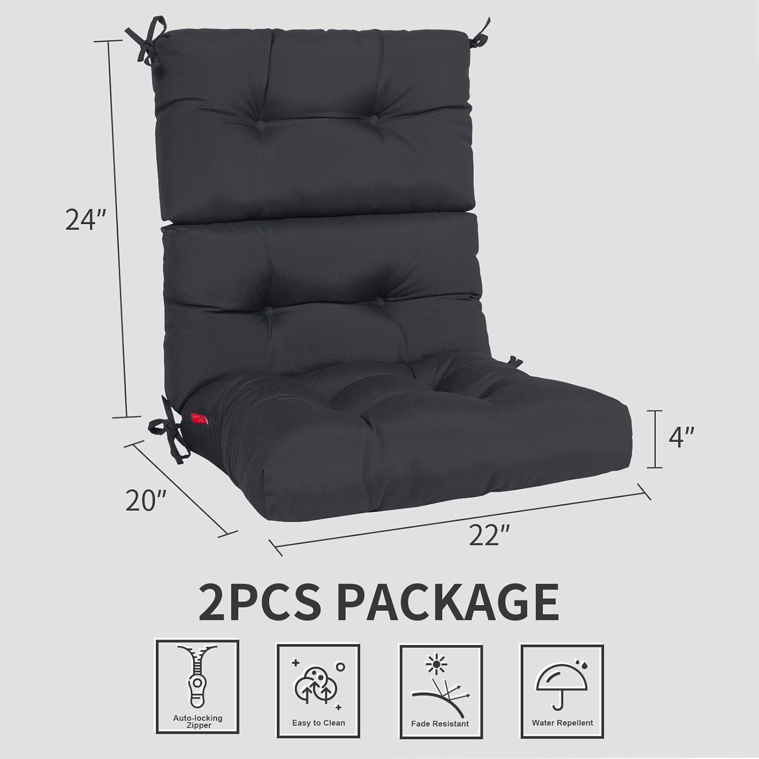 Pcinfuns Rocking Chair Cushion Set, Indoor & Outdoor Rocker Cushions, Premium Tufted Pads Water Resistant Seat Cushions with Ties,Pack of 2,Black Grey
