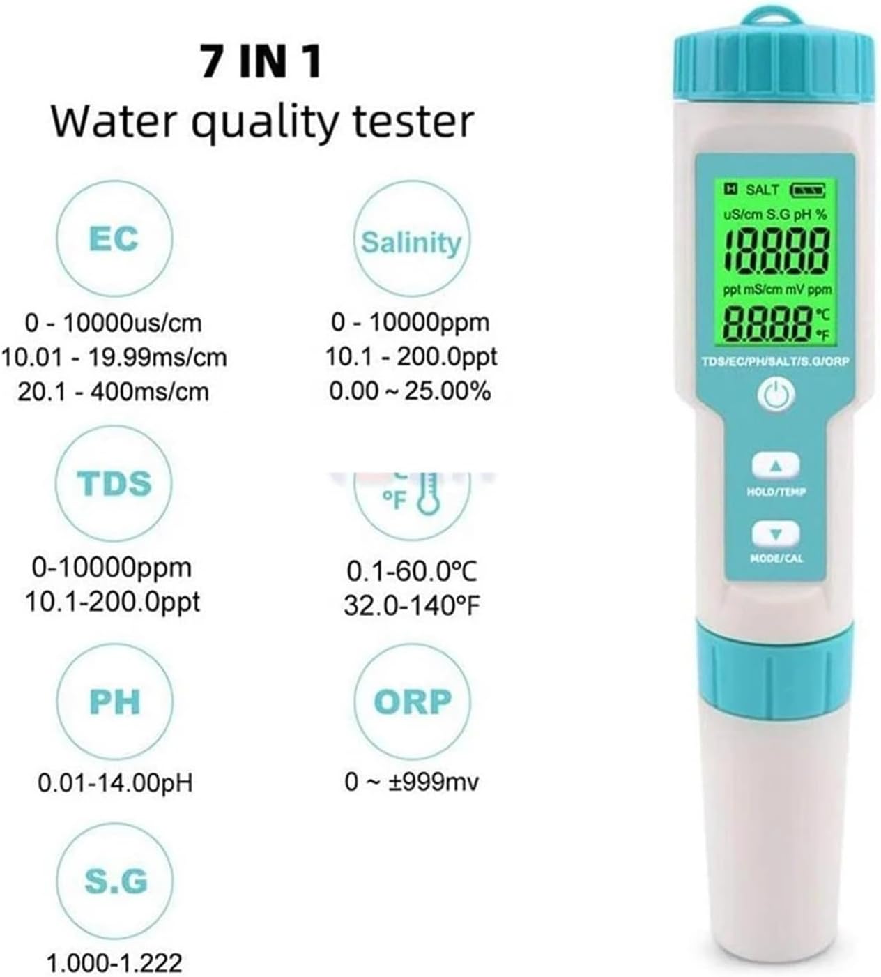 Water Test Meter, Digital Water Tester 7 in 1 PH Meter Salinity TDS EC ORP S G Temp Quality Swimming Pool Monitor Aquarium Analysis Instrument