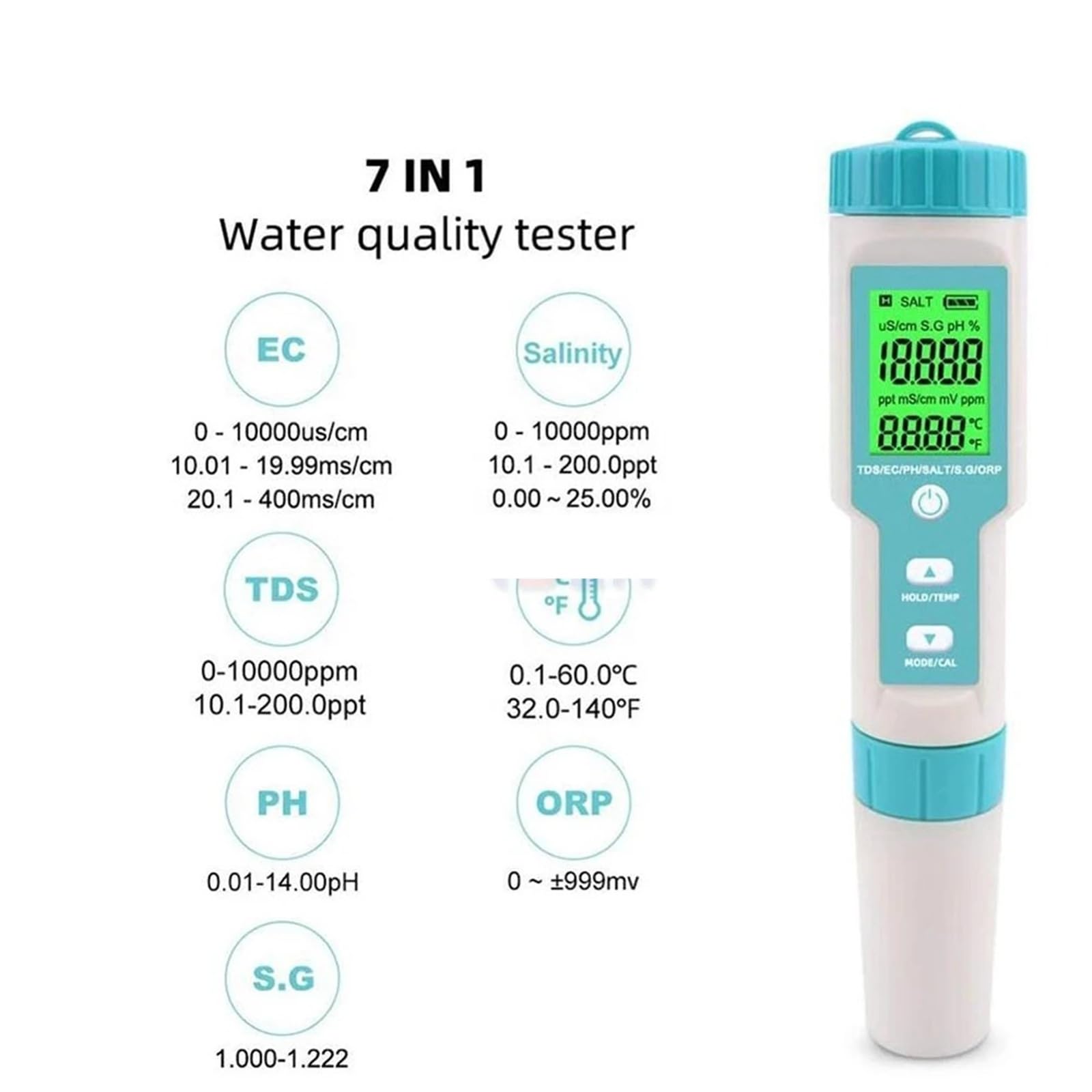 Misuratore TDS Misuratore di PH 7 in 1, salinità, TDS, EC, ORP, SG, Temp, Tester della qualità Acqua, Monitor for Piscine, Strumento di analisi for acquari