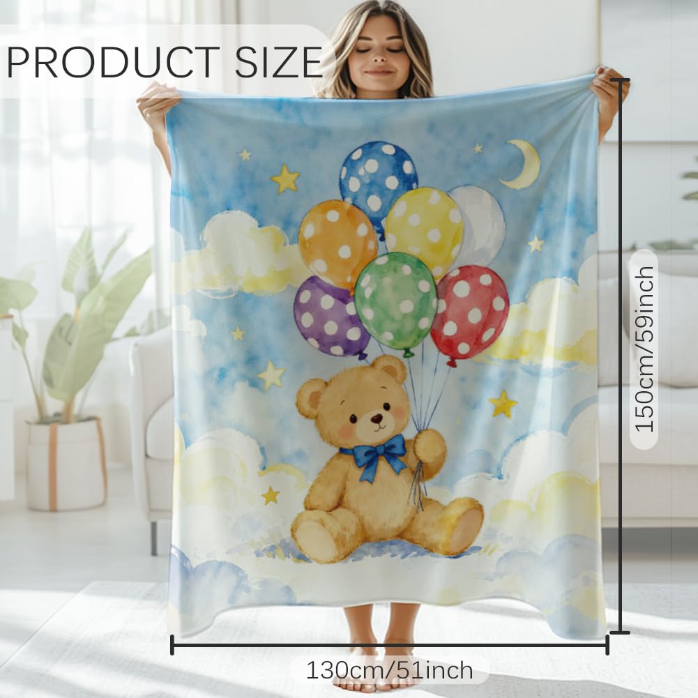 GLOBLELAND Colorido globo oso manta 150 x 130 cm dibujos animados cielo nubes suave acogedor manta de franela estrellas luna lavable manta para el hogar oficina habitación cama sofá silla regalos