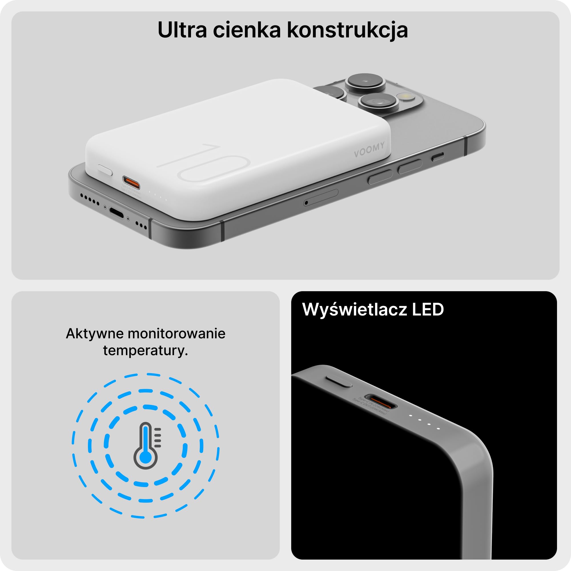 VOOMY Powerbank bezprzewodowy 10000 mAh, magnetyczny Powerbank z wejściem i wyjściem USB C, kompaktowy bezprzewodowy power bank, biały