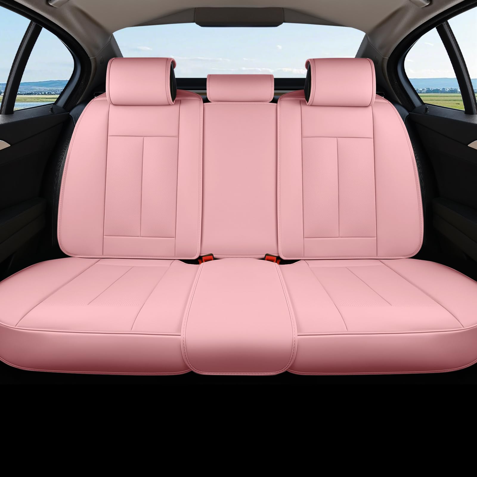 Coverado Rear Seat Covers for Cars, Waterproof Back Car Seat Cover, Pink Backseat Cover, Seat Back Protector for Kids, 3-Pieces Faux Leather Car Seat