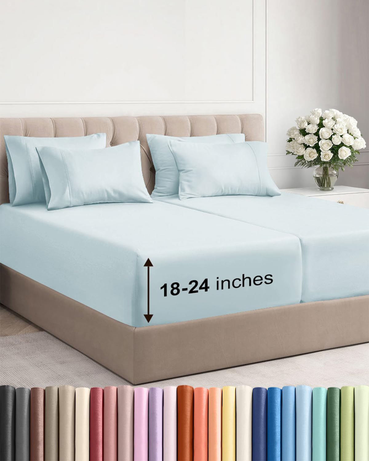Photo 1 of Extra Deep Split King Sheet Set - 7 Piece Breathable and Cooling Sheets - Hotel Luxury Bedding for Women, Men, Kids & Teens - Easy & Secure Fit - Soft and Wrinkle Free - Extra Deep Pockets - Ice Blue