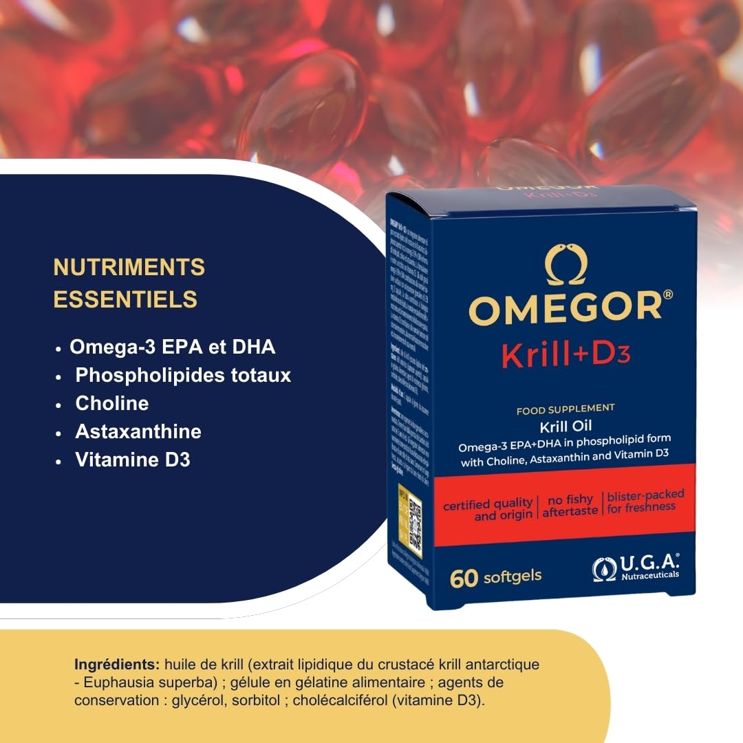 Omégor Krill D3 - Supplément alimentaire à l'huile de krill - Formule oméga 3 super concentrée - vitamine D3 et vitamine E - Pour dents et os - avec choline précieuse pour votre cerveau - 60 gélules