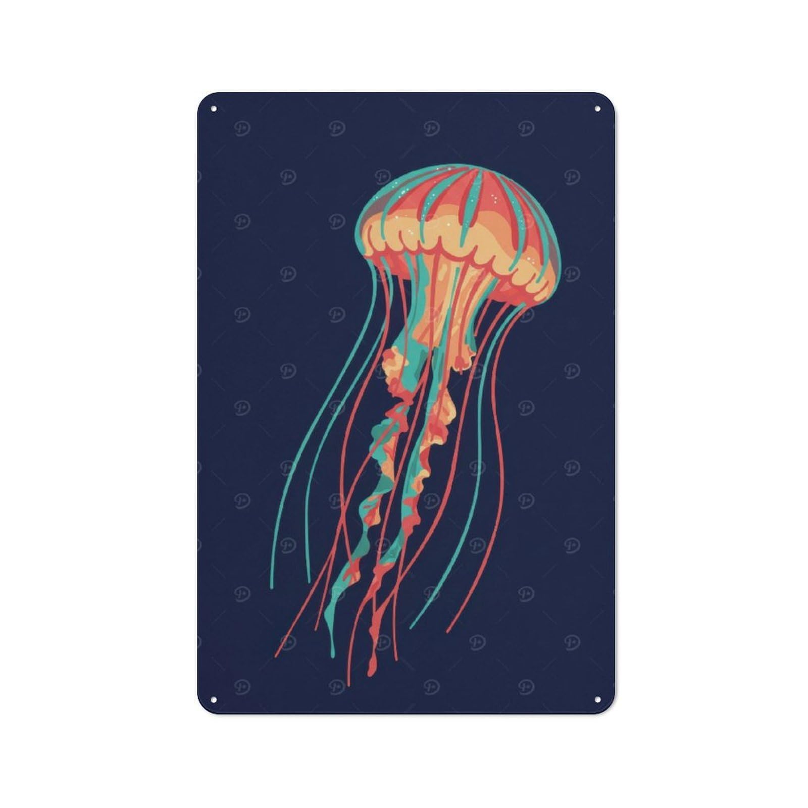 Junmoney Colorful Jellyfish Illustration On Dark Blue Tin Sign 30X20cm For Café Or Home Bar, Retro Wall Decor, For Garage, Workshop And Man Cave Decoration