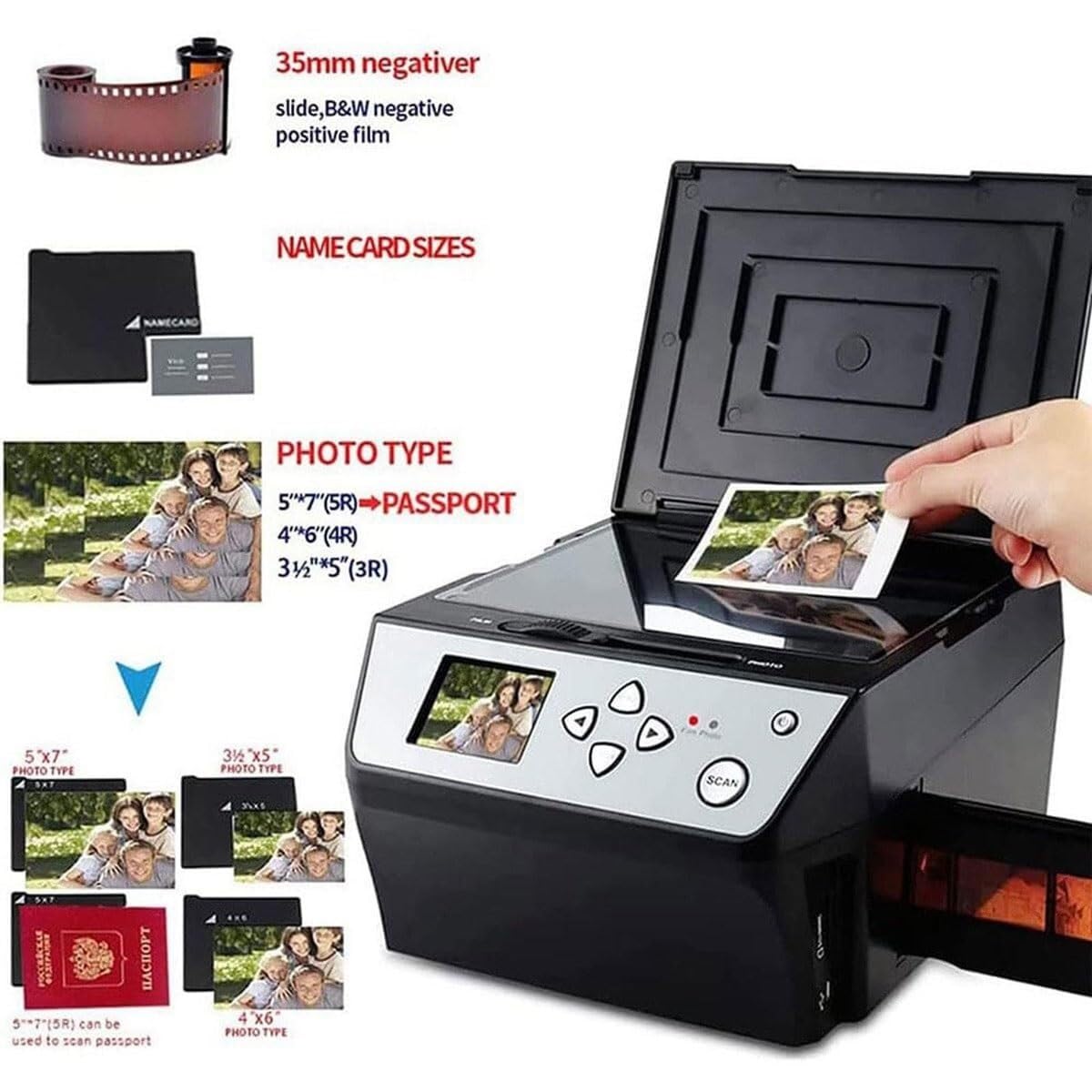 Scanner photo numérique multifonctionnel pour films, scanner pour diapositives et négatifs avec écran LCD de 5 pouces, convertit les films 135/diapositives 35mm/films 110/photos/documents/billes