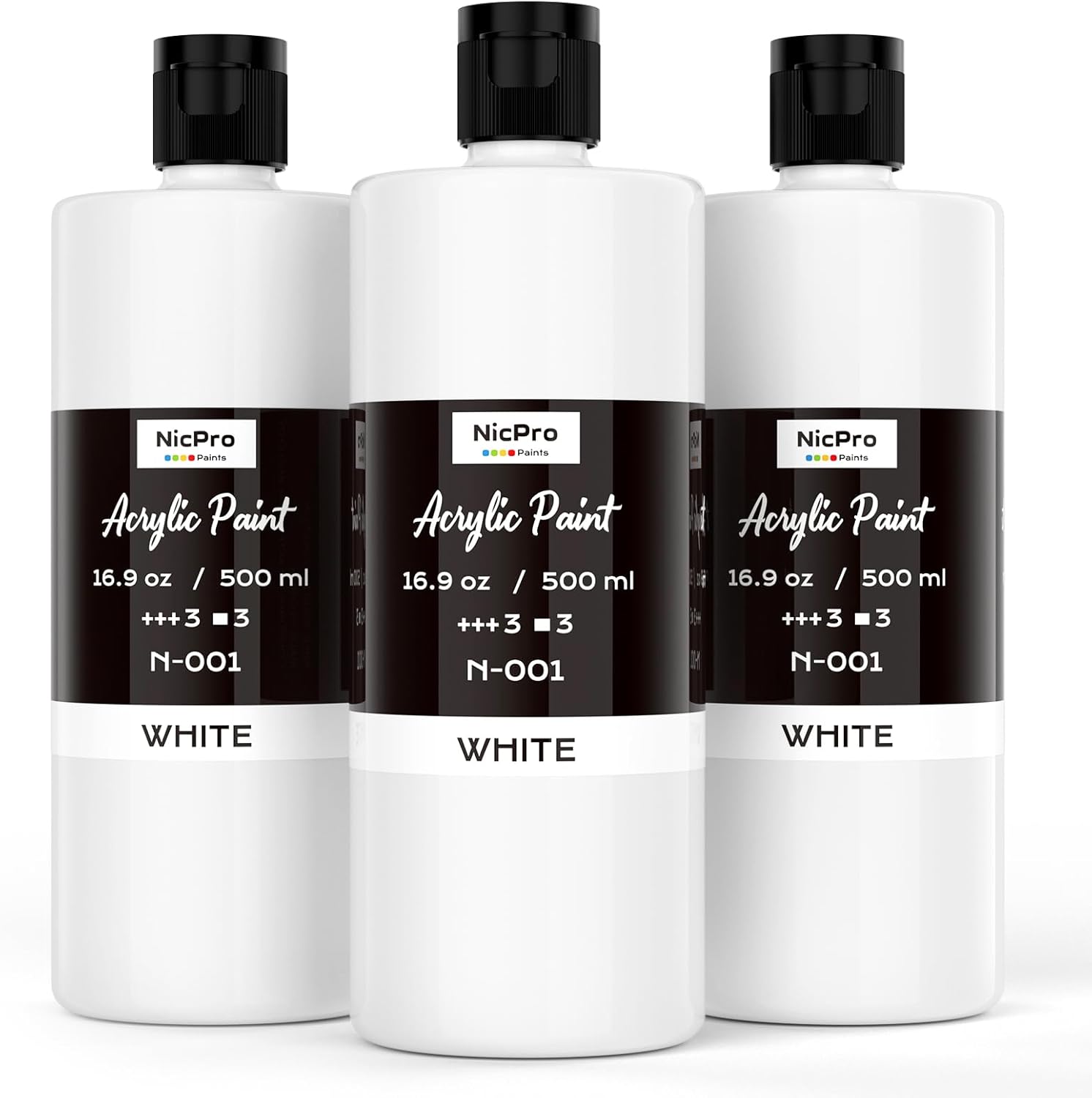 Nicpro 3 Pack White Large Acrylic Paint (16.9 oz, 500 ml), Rich Pigments, Non Toxic Craft Paint for Multi Surface, Canvas, Wood, Leather, Ceramic, Fabric, Stone - Art Painting Supplies for Beginners, Artists & Adults