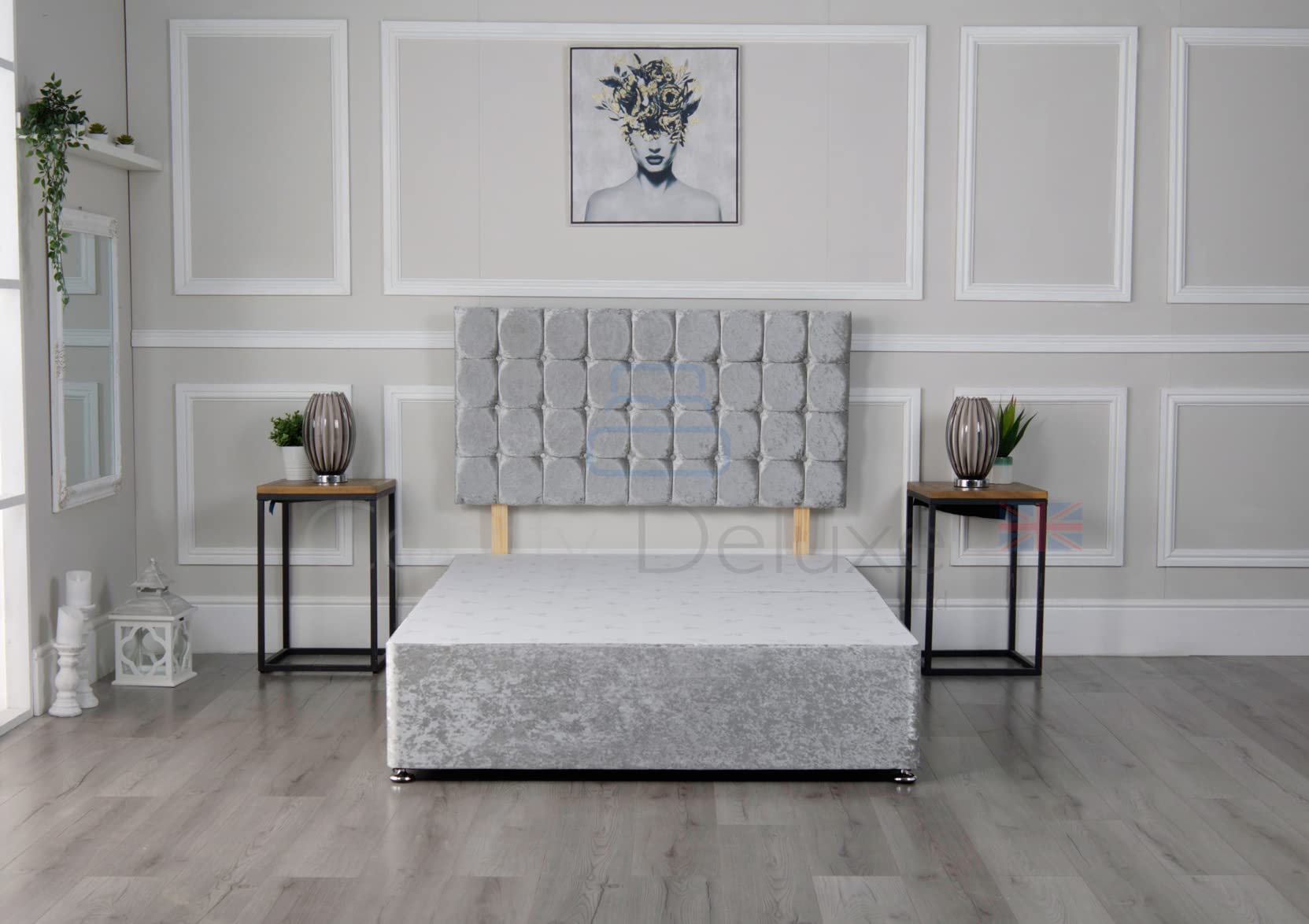 Comfy Deluxe LTD 2FT6 Small Single Bed base with 20 Inch Cubic Headboard - White Crushed Velvet Divan Bed Frame with No Mattress Included, Chrome Glider Feet & No Storage - UK Made