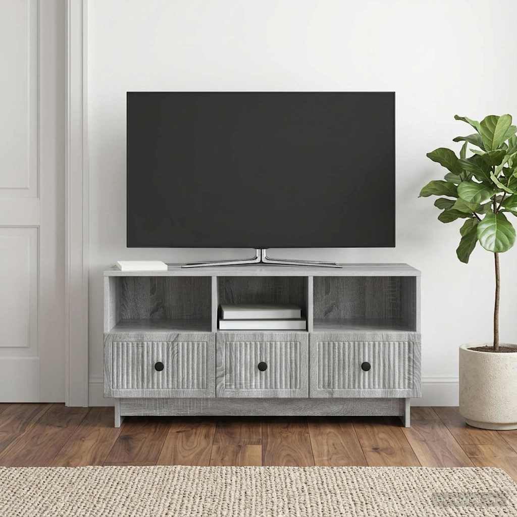 Mobile TV Sonoma grigio, 102 x 34,5 x 50 cm, in legno con vano portaoggetti, gestione dei cavi e 3 cassetti per soggiorno moderno, home theater, console multimediale, mobile TV, credenza