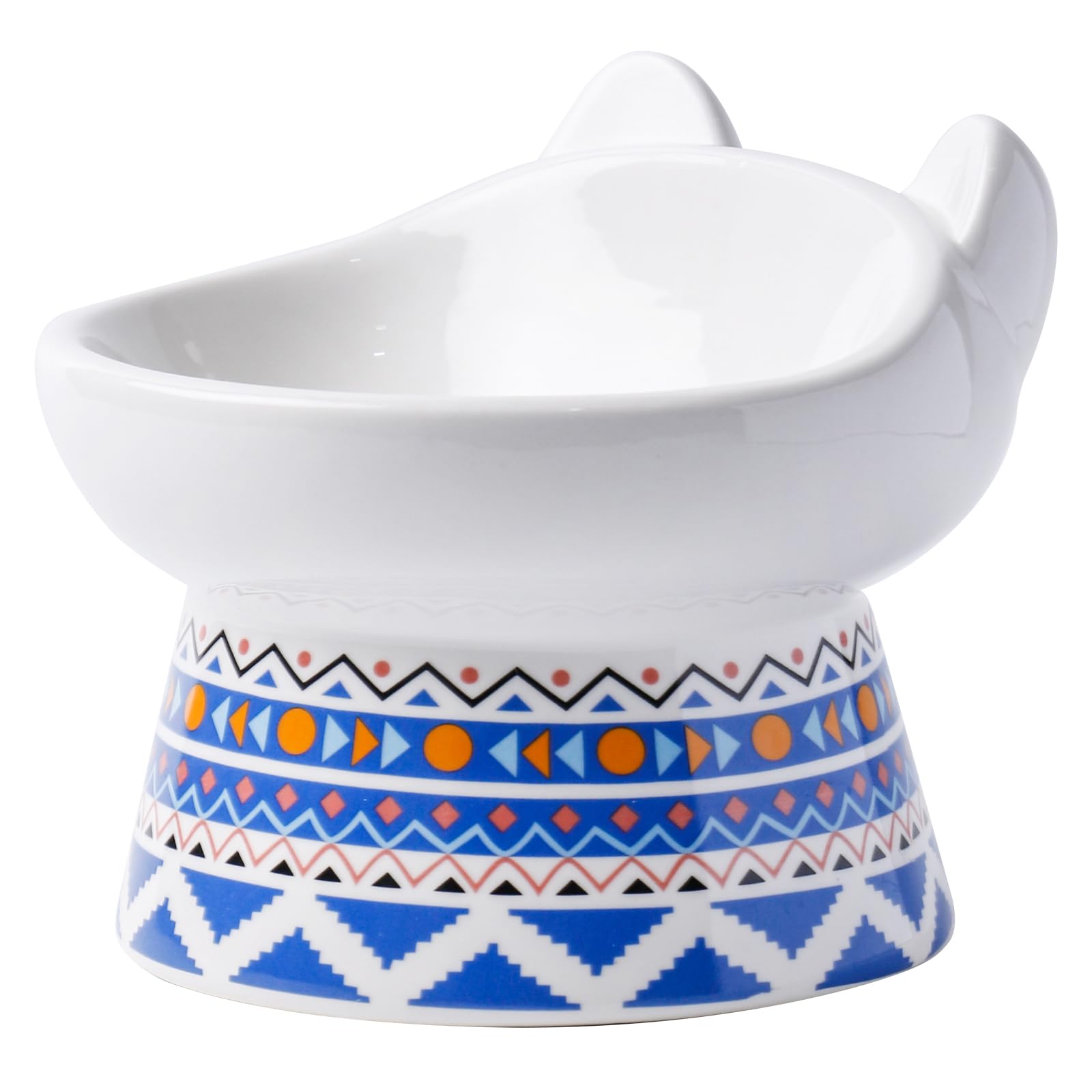 TIGOADT Elevated Ceramic Cat Bowl, Raised Wide Shallow Cat Food Dish with Stand, Anti Vomit Tilted Pet Feeder, Anti Whisker Fatigue Neck Protective Feeding Bowl for Kittens & Seniors (Boho Blue)