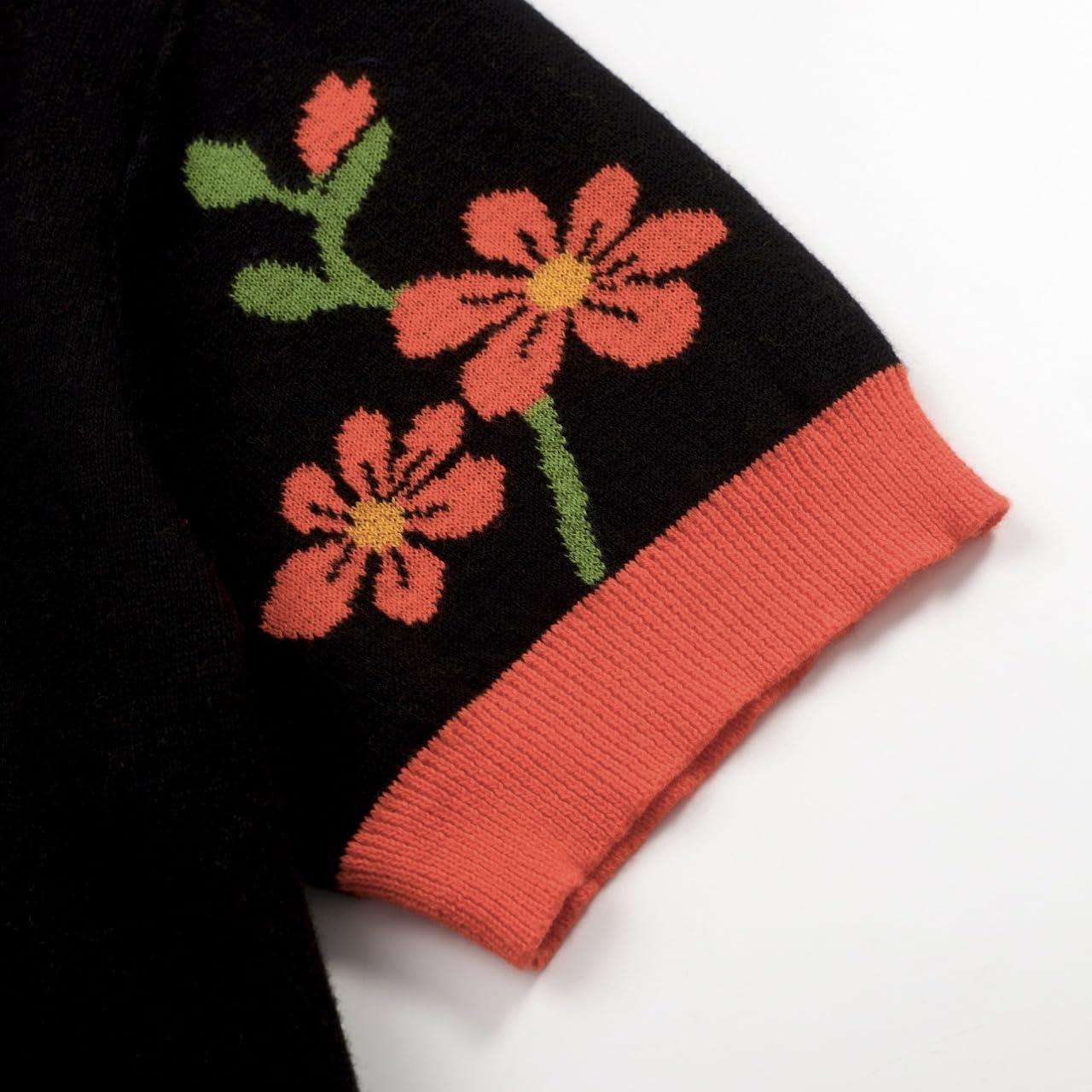 OXKNIT Camisetas Mujer Clásica Negra Camiseta de Punto con Estampado Floral Naranja Jacquard Verano Algodón Casual Top