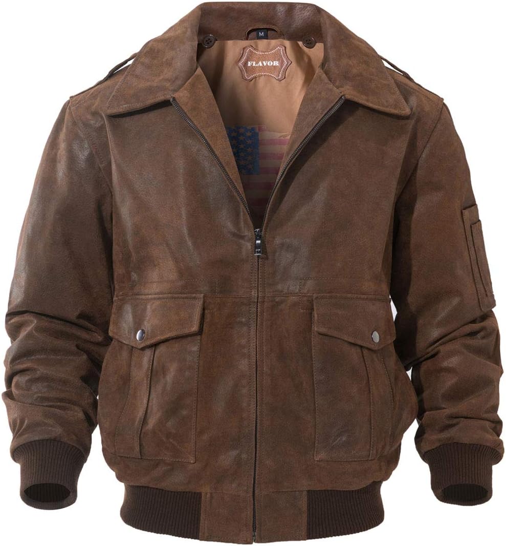 - FLAVOR Men's Leather Flight Bomber Jacket Air Force Aviator