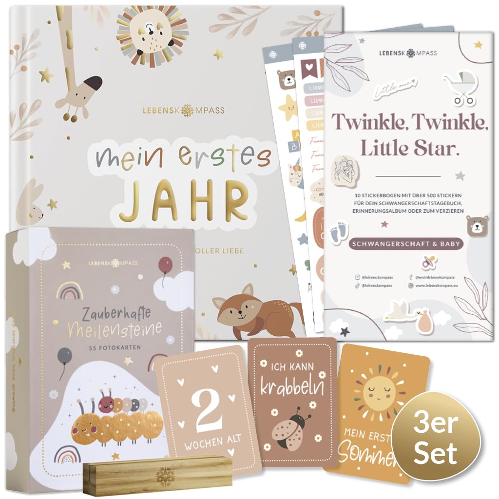 Lebenskompass Geschenk Set für Babys - Babyalbum "PURE" + Meilensteinkarten inkl. Kartenständer aus Holz + Baby Sticker Set zum verschenken zur Babyparty - liebevoll gestaltetes Erinnerungsalbum
