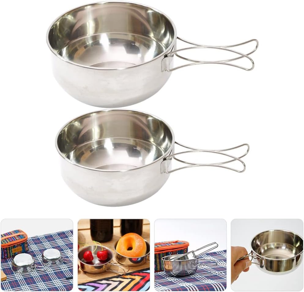 BESPORTBLE 1set Camping Bowl Foldable Handle Stainless Steel Outdoor Cookware for Barbecue Travel and Picnic and Easy to Clean