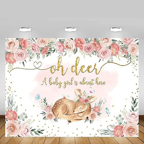Miniatura 5 de MEHOFOND Telón de fondo para baby shower, diseño floral rosa para niñas, bosque, baby shower, fondo para fotos, vegetación con purpurina dorada,