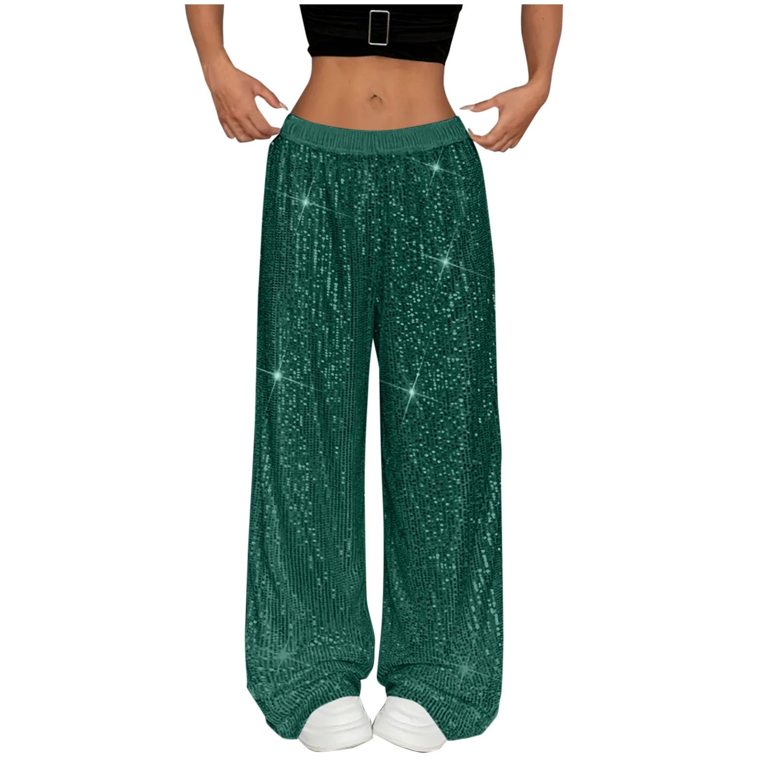 Cocila Womens Sparkly Sequin Pants Y2K Glitter High Waisted Wide Leg Long Pants Bling Party Clubwear 70s Disco Flare Trousers Party, Hip hop Casual Loose Dancewear Green S
