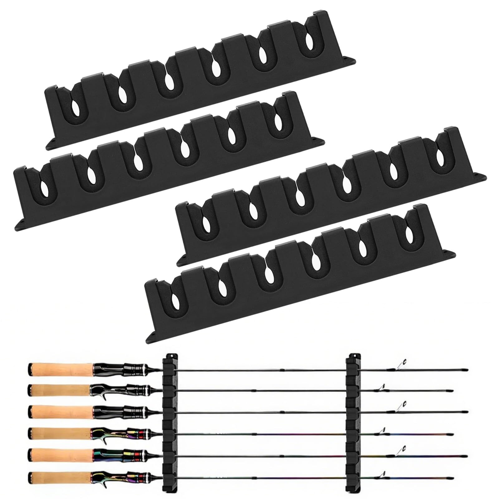 Cooltto Fishing Rod Holders Wall-Mounted 2 Pairs, Simple Deluxe Fishing Pole Holder & Rack Store up to 12 Rods or Combos for Garage & Boat (Horizontal, Black)