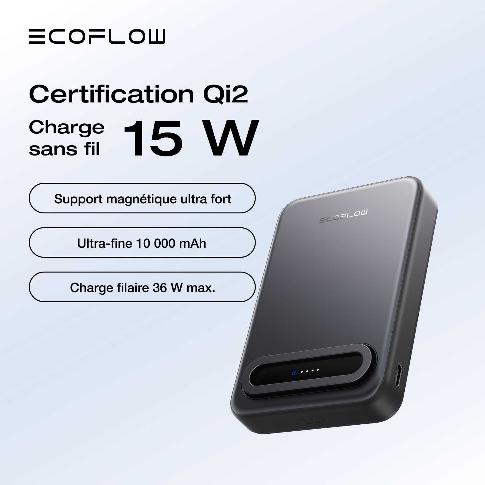 EcoFlow Rapid Mag Qi2 Magnétique Powerbank 10000mAh 15W, Certifié Qi2.0 Batterie Externe Magnétique 36W sans Fil Power Bank Rapide Chargeur pour iPhone 17/16/15 Pro Max Noir