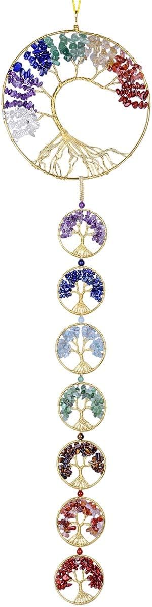 SUNYIK 7 Chakra Tree of Life Decorative Hanging Ornament for Home Office Healing Crystal Wind Chimes Decoration for Outdoor Indoor 7 Chakra