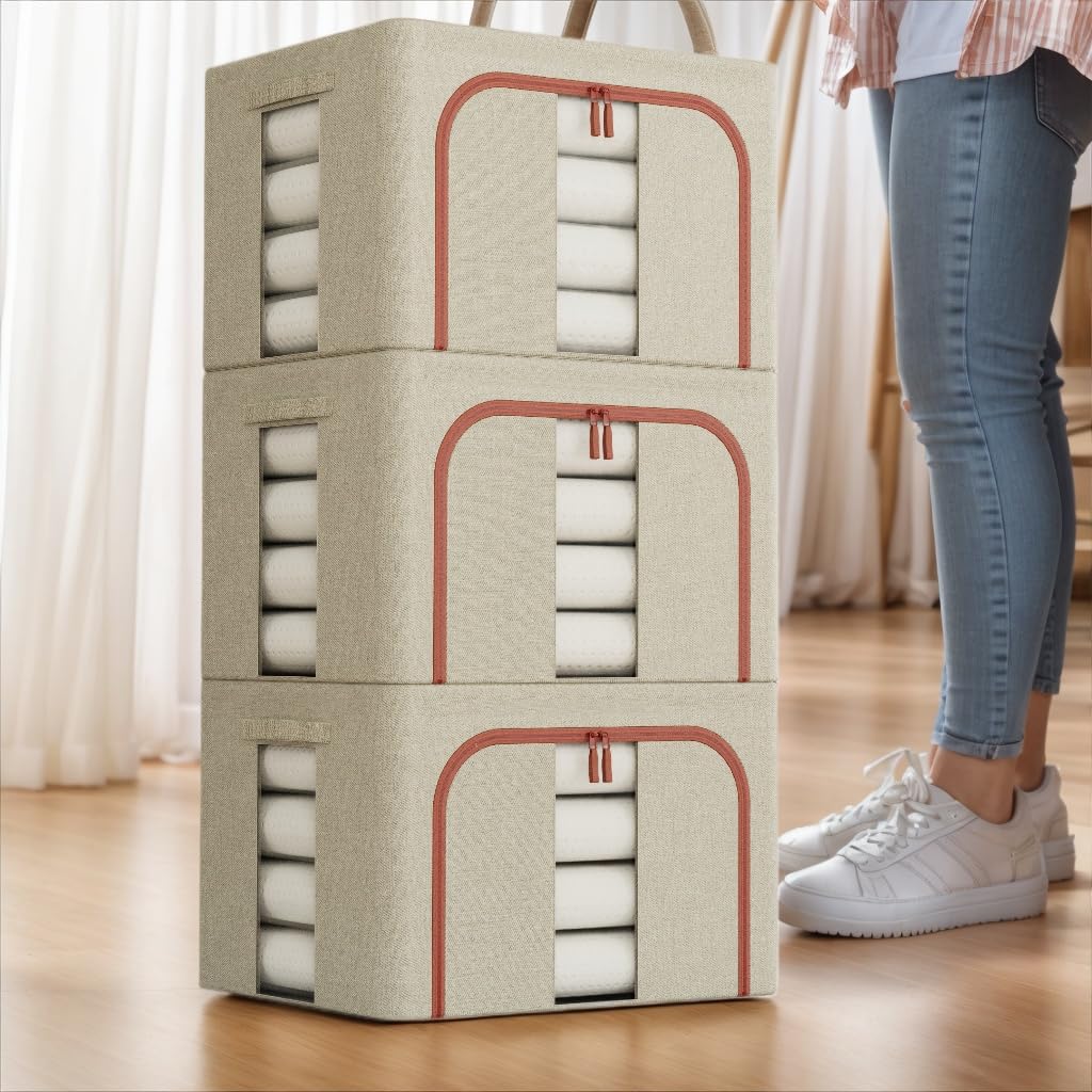 Aufbewahrungsboxen aus Stoff, 100 l, beige, 3 Stück mit Metallrahmen, faltbare Stoffkörbe für Kleidung, stapelbare Öffnungen, Stoff-Aufbewahrungsbehälter mit Deckel, transparente Fenster