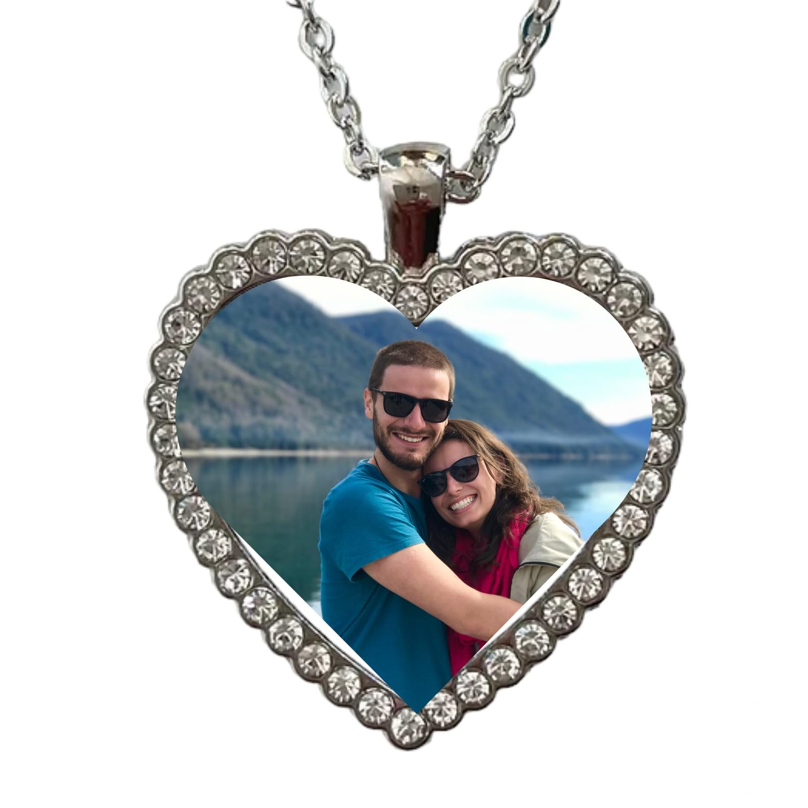Personalised Photo Heart Rhinestone Necklace Wedding Memorial Pendant Gift