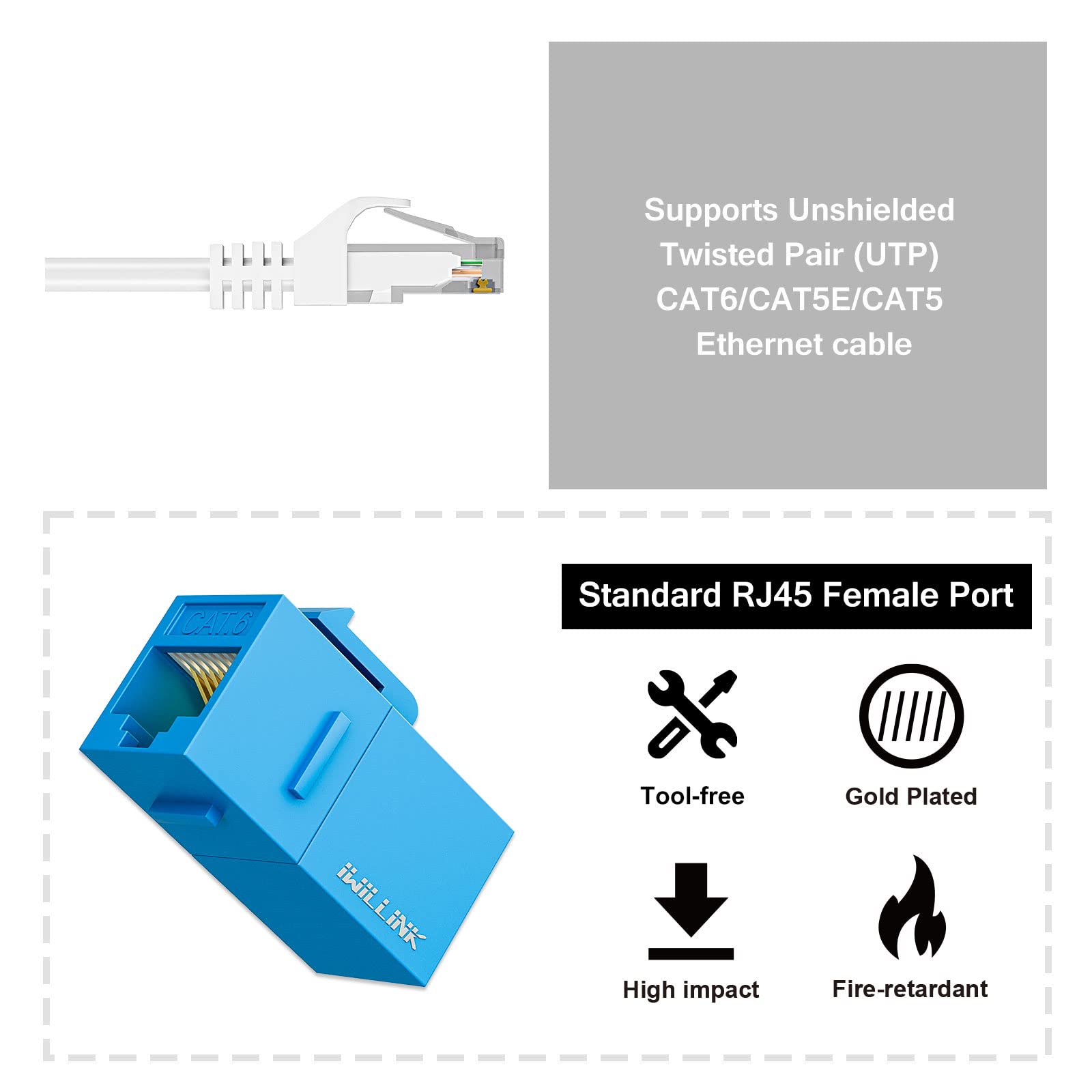 iwillink Lot de 25 coupleurs Keystone RJ45 Cat6 femelle vers femelle Cat6, coupleur Keystone UTP, prise Keystone, coupleur Ethernet, bleu