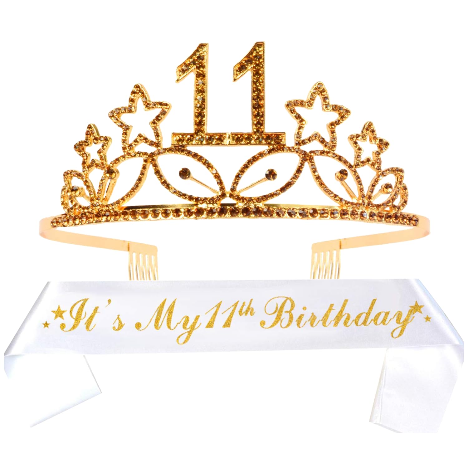 11th birthday sash and tiara for girls - fabulous glitter sash + stars rhinestone gold premium metal tiara for girls, 11th birthday gifts for princess party