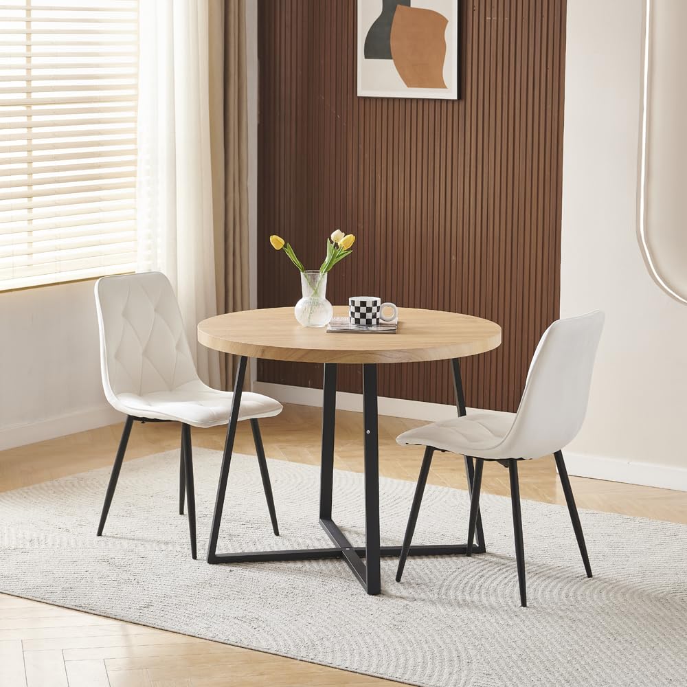 Pantanal 95cm Round Oak Wood Dining Table and White Velvet Chairs Set of 2, Modern 3 Pieces Compact Kitchen Table with 2 Argyle Grid Chairs for Dinette Restaurant Small Space — image 1