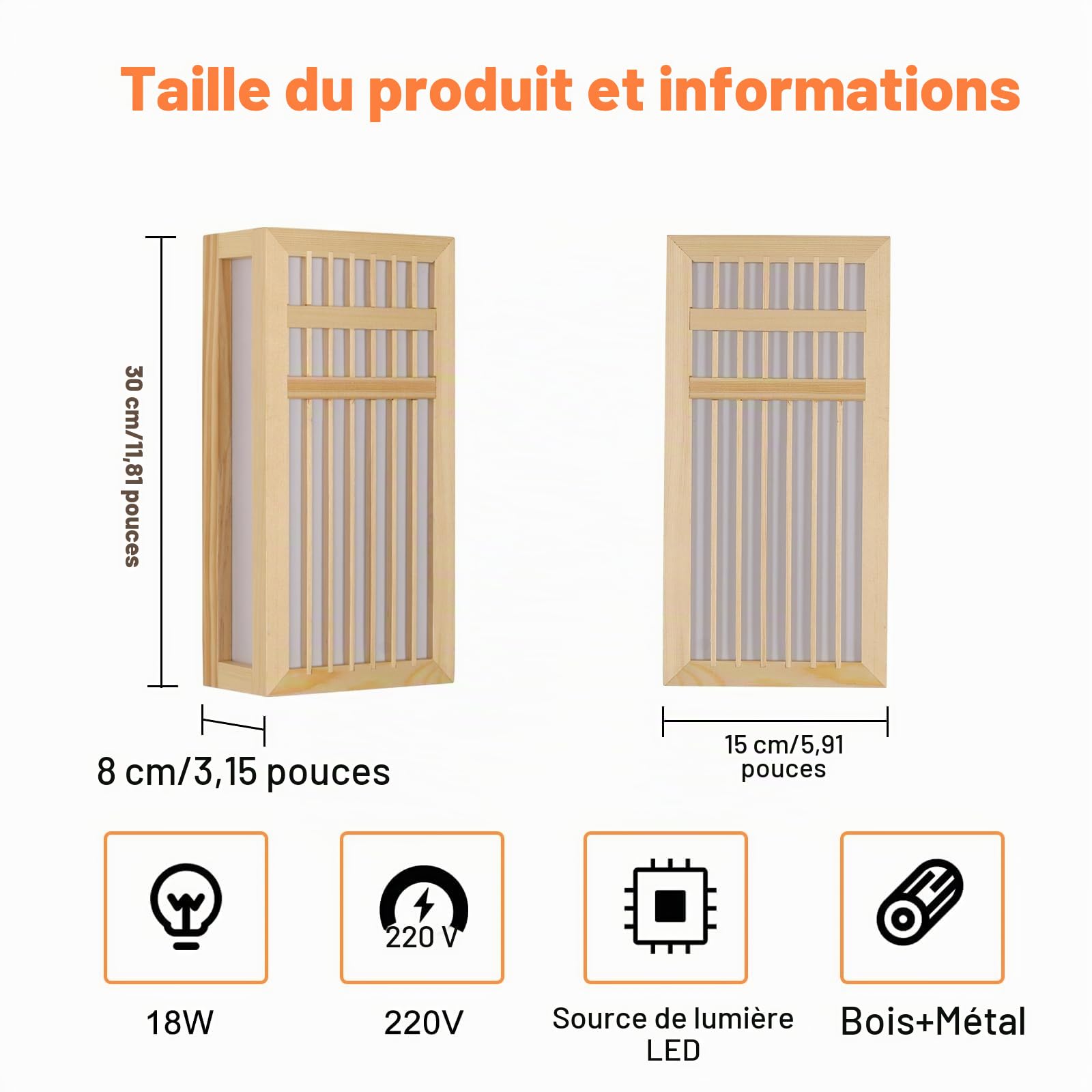 Goeco Applique Murale Intérieure Bois Carré, 18W 30CM 3000K