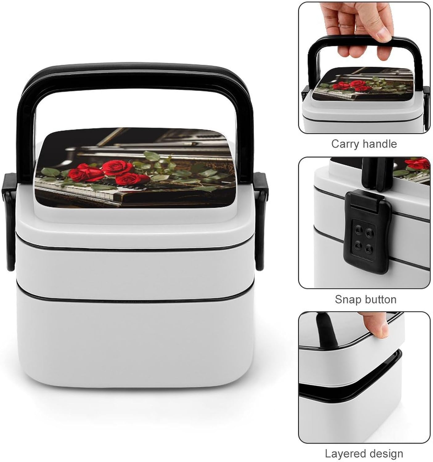 Bento Lunch Box for Adults Stackable Lunch Container Red Rose on Piano Printed Square 2 Layer Cute Kawaii Bento Box Container for Men Women