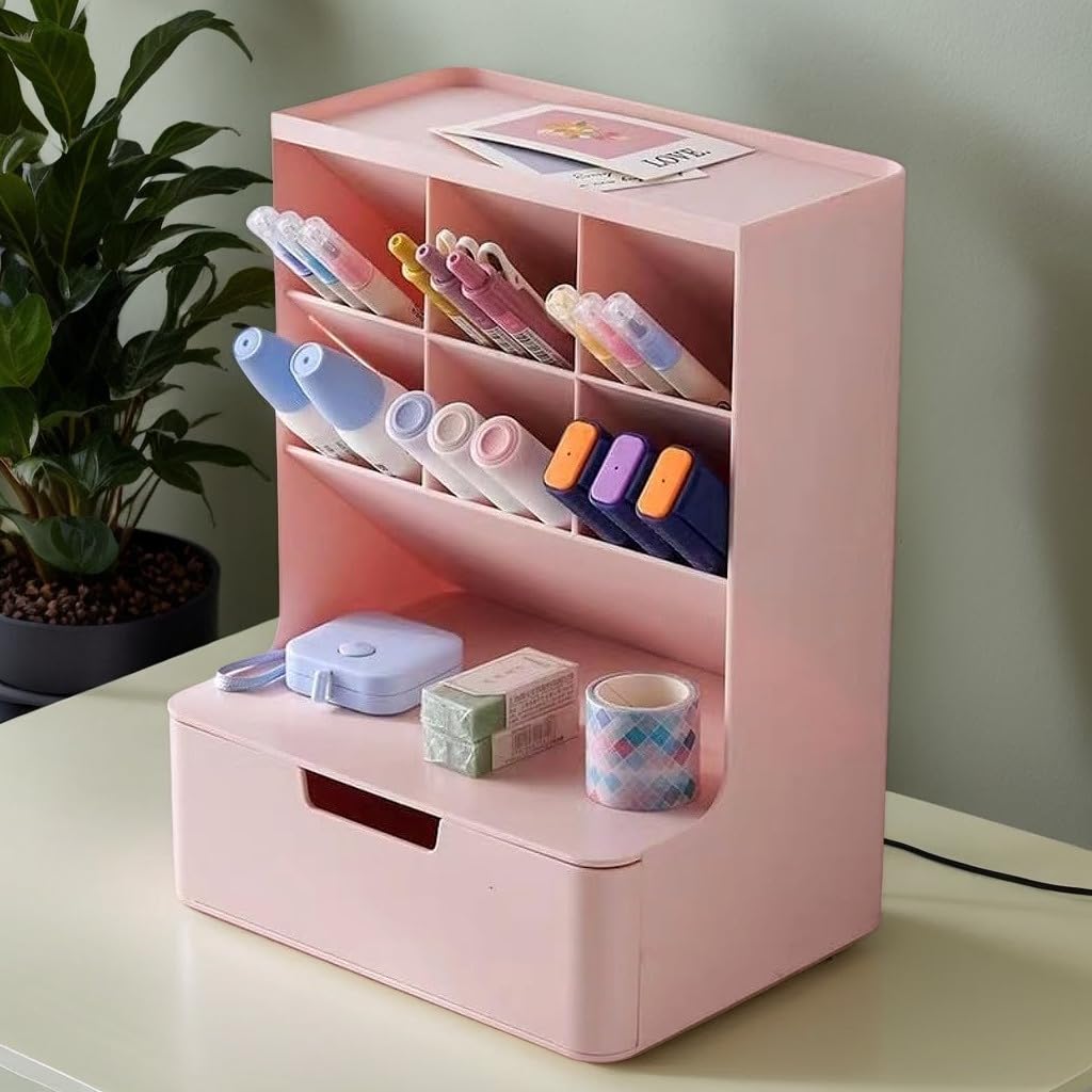Portapenne da Scrivania Multifunzionale Organizer da Scrivania con Cassetti Portamatite da Scrivania con 6 Scomparti Organizzatore per Cancelleria in Plastica per Ufficio Scuola Casa (Rosa 2)