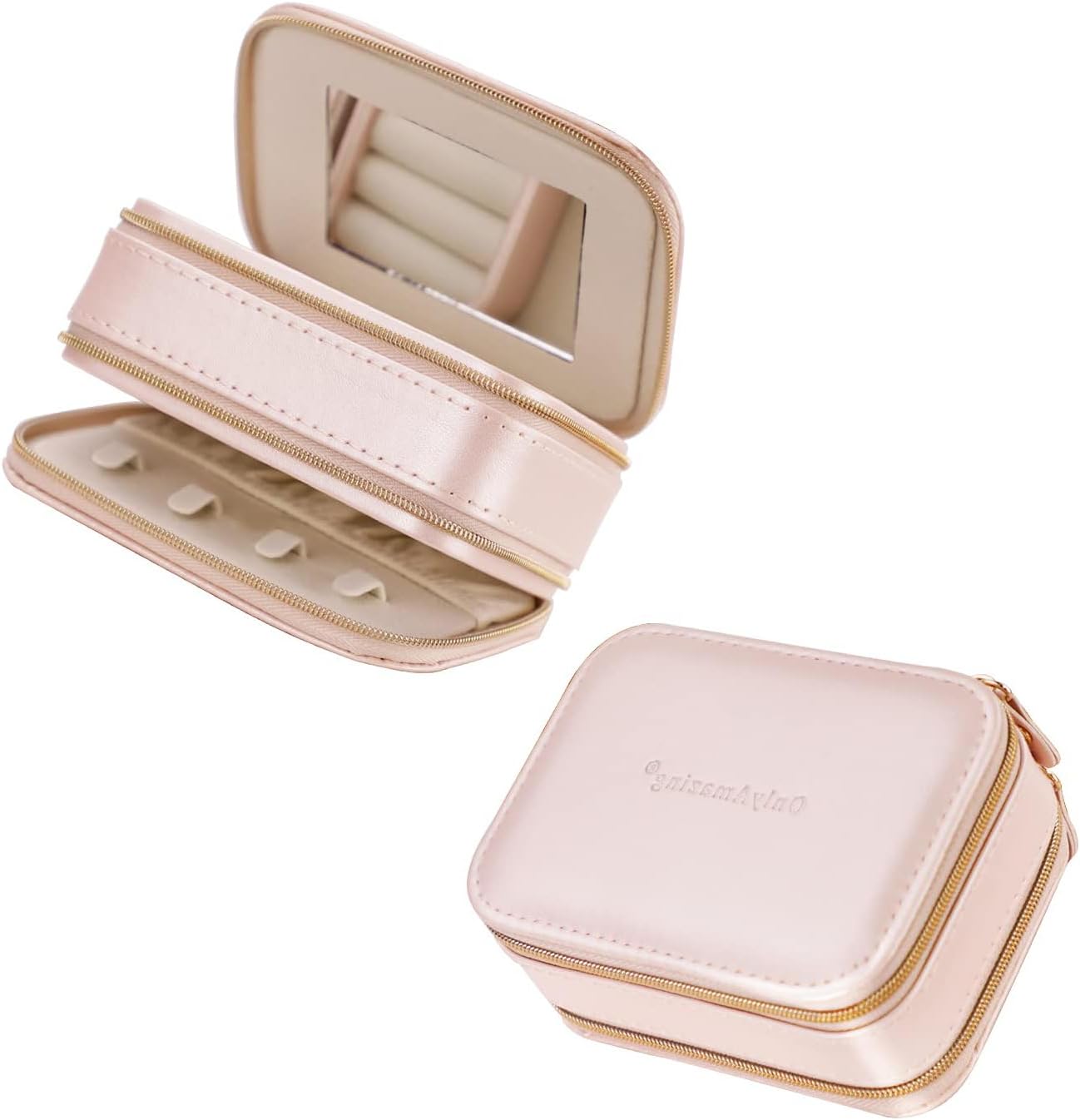 TERRIFIJewelry Travel Organizer, Portable Jewelry Holder Case for Women Travel Jewelry Organizer Double Layer Necklace, Earring, Ring, Pendant, Bracelet Storage Box (Leather, Pink)