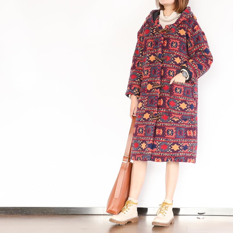 Women's Long Plush Fleece Hoodie Vintage Boho Oversized Sherpa Coat, Warm Winter Loungewear with Geometric Print - Image 5
