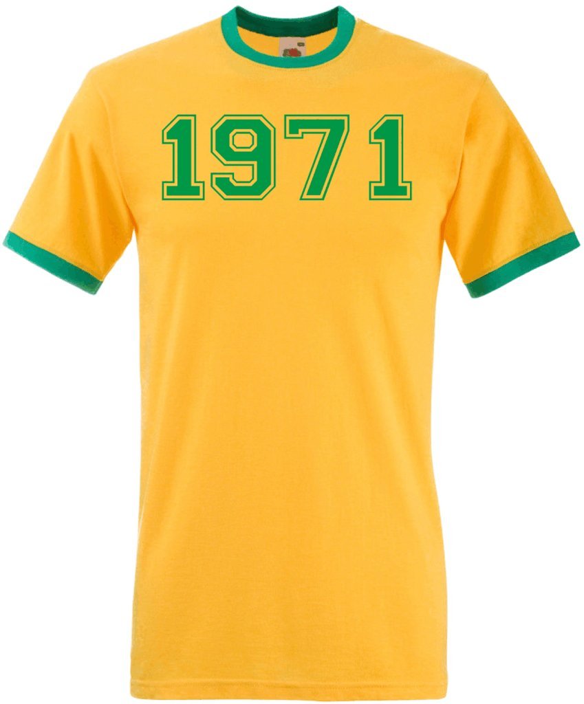 Dcg Printwear Men's Sunflower & Green Ringer Varsity 1971 College Unisex Ringer T-Shirt Birthday Gift Present Funny Novelty Top