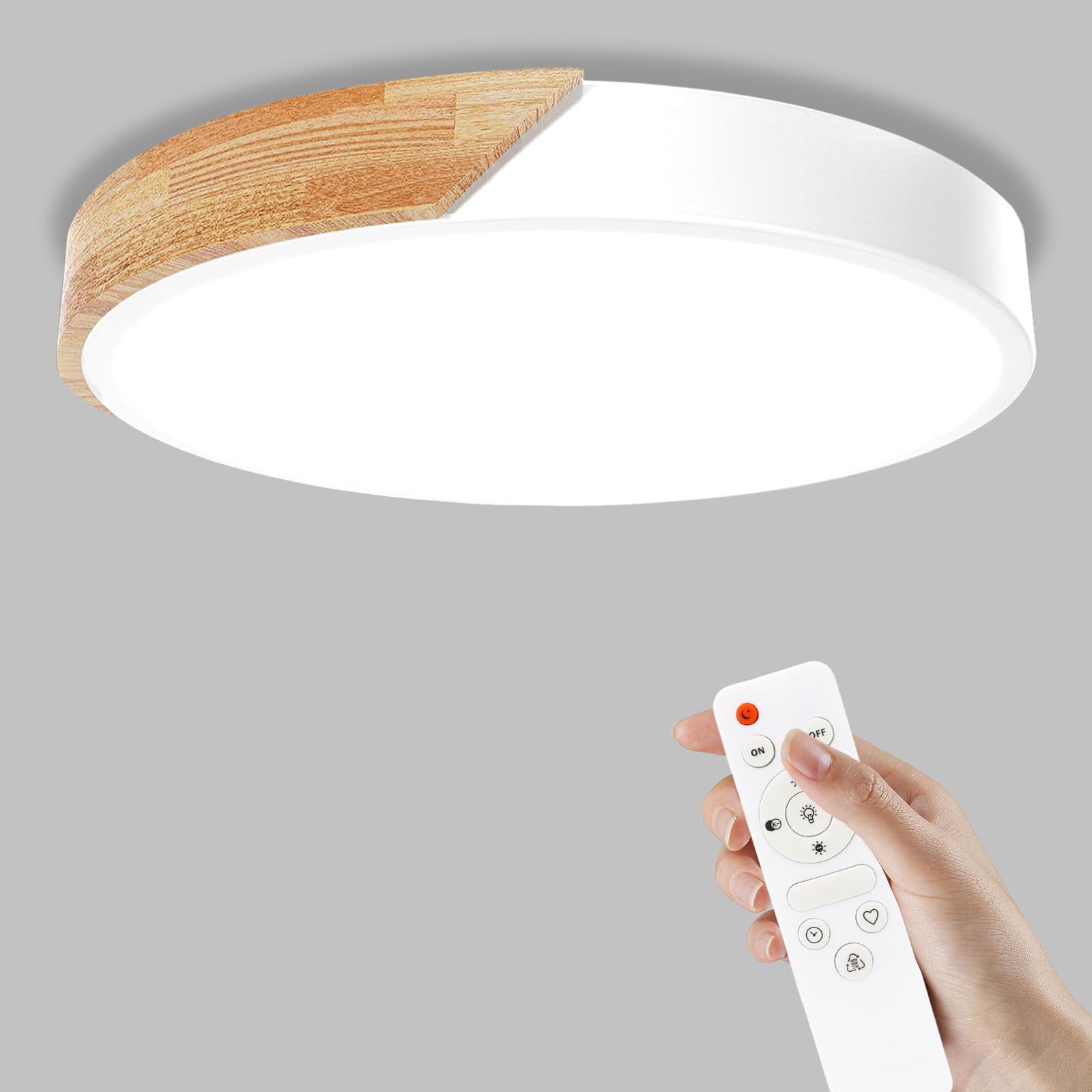 Yexati Ceiling Light Wood, Dimmable Ceiling, 3200LM 6000K/4000K/3000K IP44, Remote Controlled Led Ceiling Light, 32W Modern Light Fixture for Living Room, Bedroom and Hallway, 40CM, White