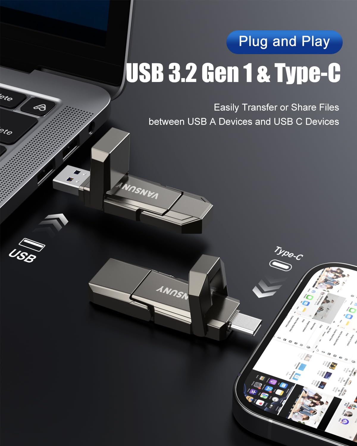 Vansuny Hard disk esterno portatile da 1 TB fino a 500 MB/s USB a stato solido USB 3.2 Dual SSD per telefono Android Tablet Laptop MacBook PC