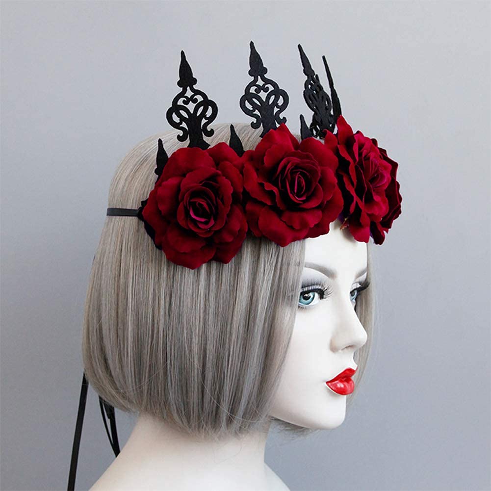 IBLUELOVER Halloween Headband Gothic Rose Tiara Queen Princess Garland Crown Headband Vintage Wedding Wreath Floral Bride Headpiece for Women Girls Day of The Dead Halloween Party Cosplay - Image 3